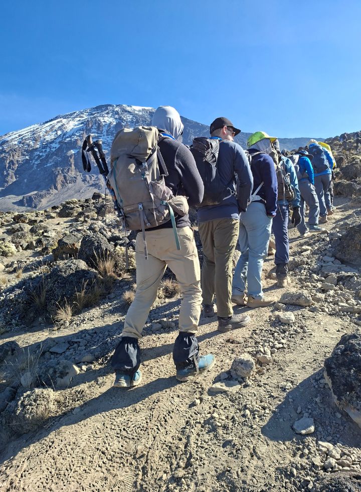 African Wild Whispers team trekking to Barafu Camp on Mount Kilimanjaro